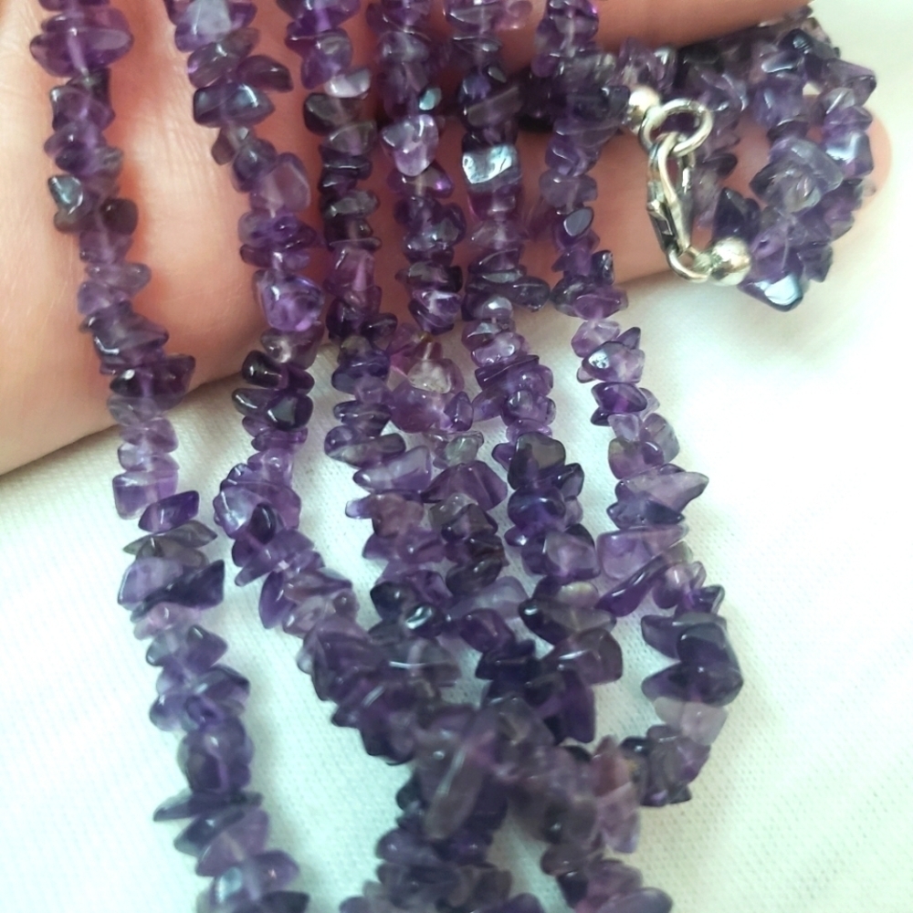Amethyst Gemstone Smooth Chipped 3 Layer Choker Style Bohemian Necklace